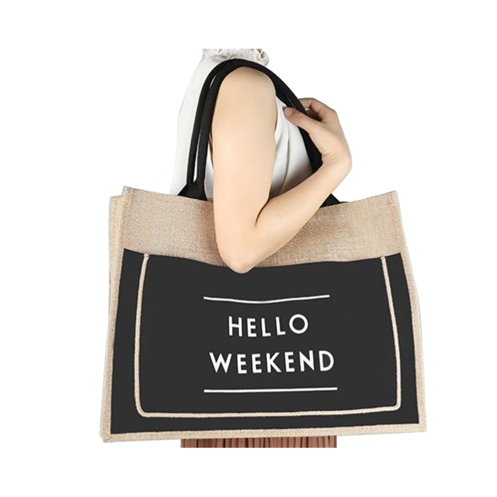 Jute strandveske for kvinner hello weekend vibes burlap strand tote bag indre glidelåslomme personlig veske