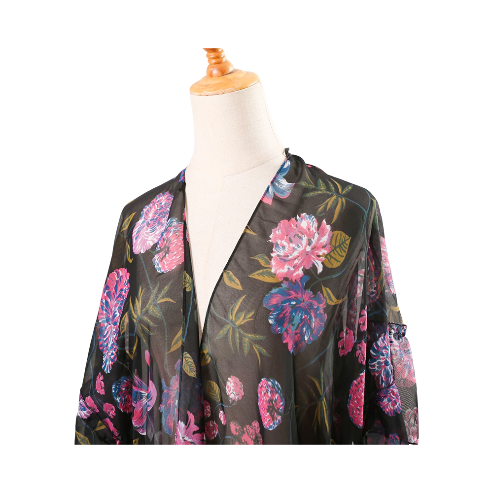 Blomstertrykk for kvinner med puffermer i chiffon kimono cardigan med løs dekke til uformelle blusetopper