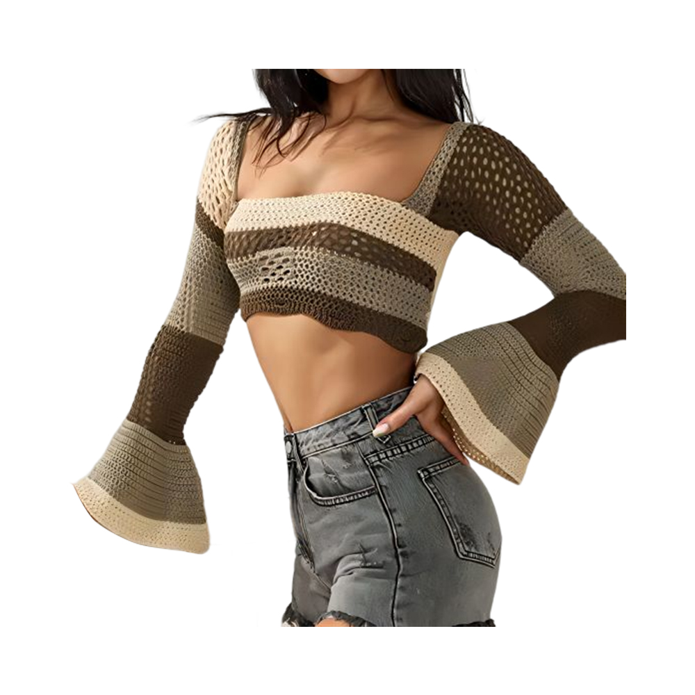 Kvinner lange armer crop top hekle strikket fargeblokk genser genser topper løse patchwork skjorter 90-talls streetwear